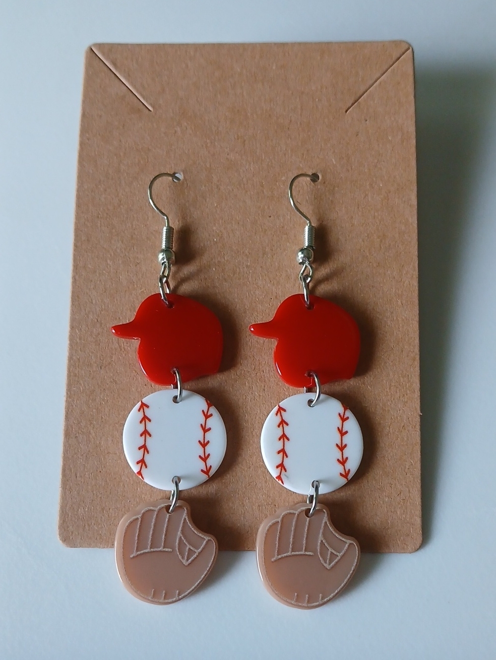 Fashion Jewelry Red Cap, White Baseball & Tan Glove Dangle Earrings